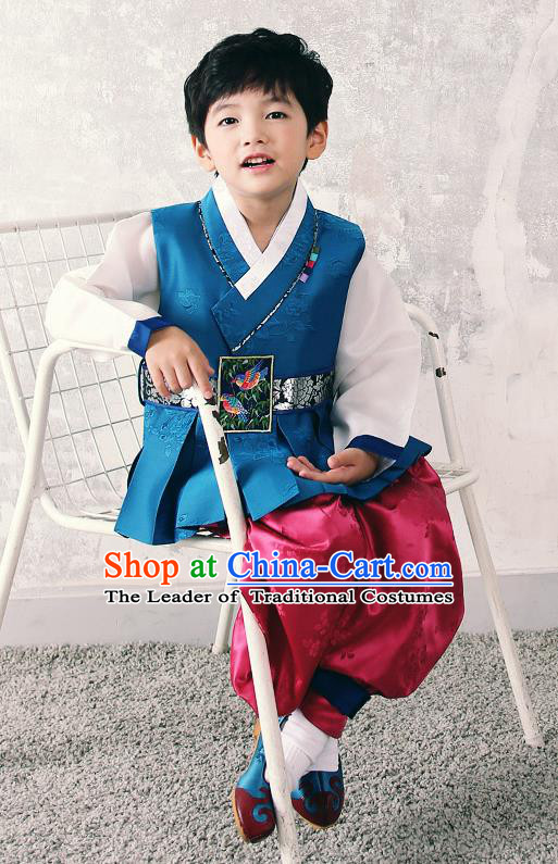 Asian Korean National Traditional Handmade Formal Occasions Boys Embroidery Blue Hanbok Costume Complete Set for Kids