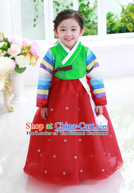 Asian Korean National Traditional Handmade Formal Occasions Girls Embroidery Hanbok Costume Green Blouse and Red Dress Complete Set for Kids