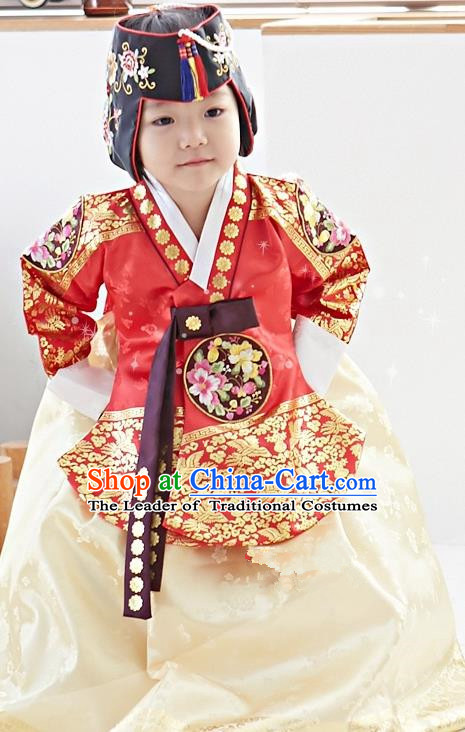 Traditional Korean National Handmade Formal Occasions Girls Palace Hanbok Costume Embroidered Red Blouse and Yellow Dress for Kids
