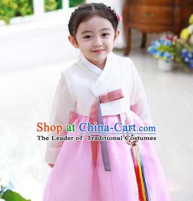 Traditional Korean National Handmade Formal Occasions Girls Palace Hanbok Costume Embroidered White Blouse and Pink Dress for Kids