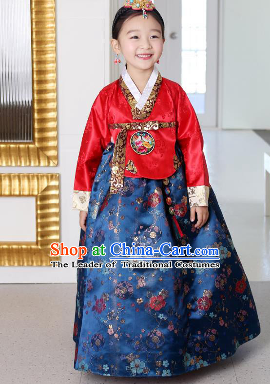 Traditional Korean National Handmade Formal Occasions Girls Palace Hanbok Costume Embroidered Red Blouse and Navy Dress for Kids