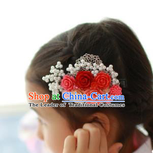 Traditional Korean Hair Accessories Red Flowers Hair Claw, Asian Korean Hanbok Fashion Headwear Hair Stick for Kids