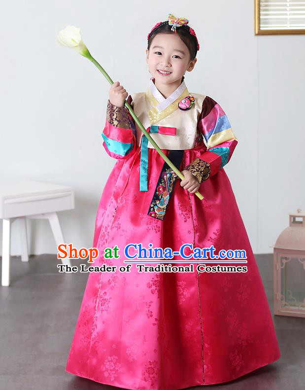 Asian Korean National Traditional Handmade Formal Occasions Girls Embroidery Hanbok Costume Yellow Blouse and Rosy Dress Complete Set for Kids