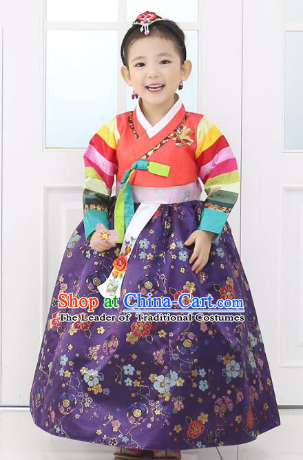 Asian Korean National Traditional Handmade Formal Occasions Girls Embroidery Hanbok Costume Red Blouse and Purple Dress Complete Set for Kids