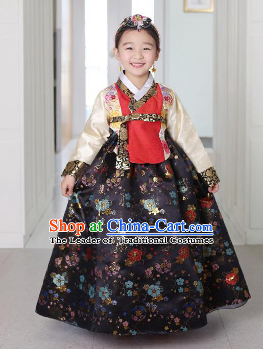 Asian Korean National Traditional Handmade Formal Occasions Girls Embroidery Hanbok Costume Red Blouse and Black Dress Complete Set for Kids