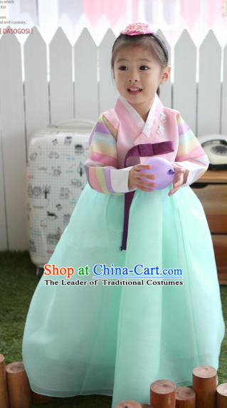 Asian Korean National Traditional Handmade Formal Occasions Girls Embroidery Hanbok Costume Pink Blouse and Green Dress Complete Set for Kids