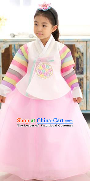 Asian Korean National Traditional Handmade Formal Occasions Girls Embroidery Hanbok Costume White Blouse and Pink Dress Complete Set for Kids