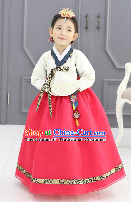 Traditional Korean National Handmade Formal Occasions Girls Embroidery Hanbok Costume White Blouse and Pink Dress Complete Set for Kids