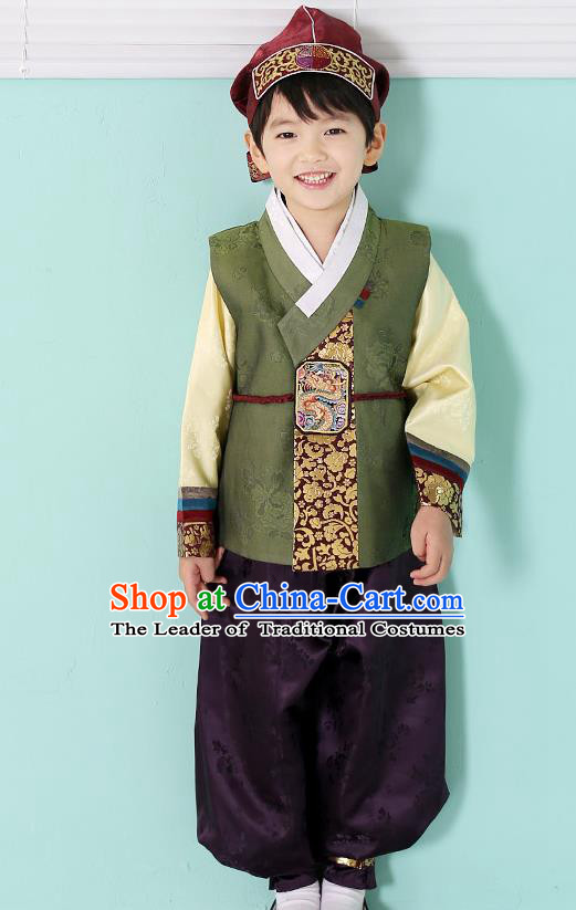 Asian Korean National Traditional Handmade Formal Occasions Boys Embroidery Green Hanbok Costume Complete Set for Kids