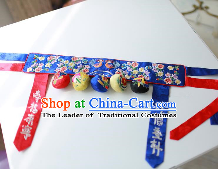 Traditional Korean Accessories Embroidered Flowers Blue Waist Belts, Asian Korean Fashion Hanbok Waistband Decorations for Kids