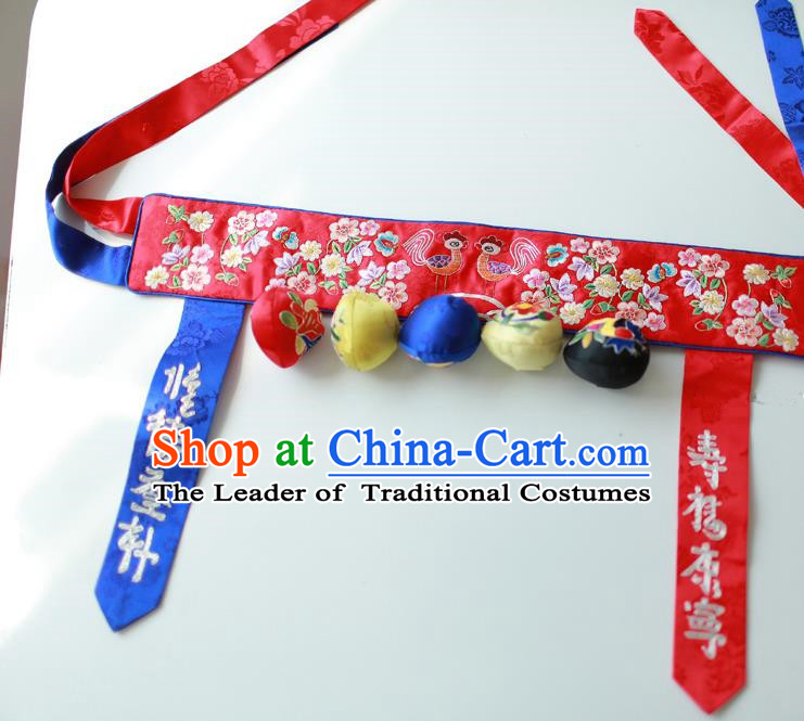 Traditional Korean Accessories Embroidered Flowers Red Waist Belts, Asian Korean Fashion Hanbok Waistband Decorations for Kids