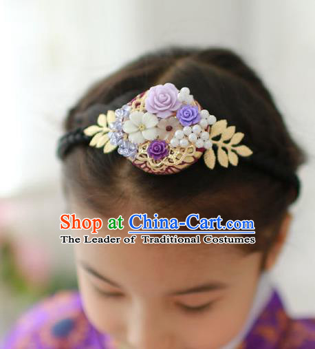 Traditional Korean Hair Accessories Purple Flower Hair Clasp, Asian Korean Hanbok Fashion Headwear Hanbok Headband for Kids