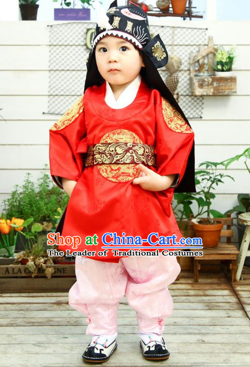 Asian Korean National Traditional Handmade Formal Occasions Emperor Embroidery Red Hanbok Costume Dragon Robe Complete Set for Kids