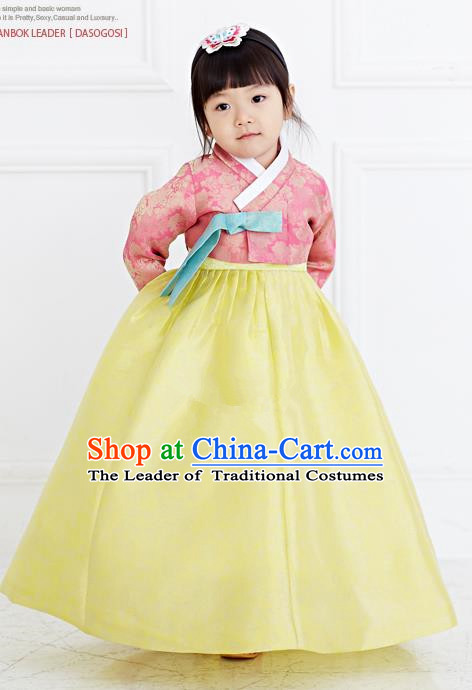 Traditional Korean National Handmade Formal Occasions Girls Hanbok Costume Embroidered Pink Blouse and Yellow Dress for Kids