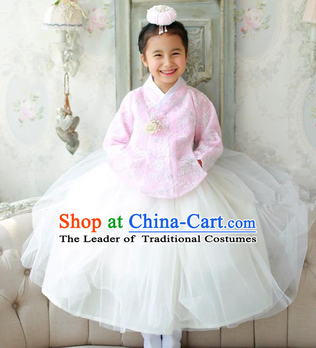 Korean National Handmade Formal Occasions Embroidered Pink Lace Blouse and White Dress, Asian Korean Girls Palace Hanbok Costume for Kids