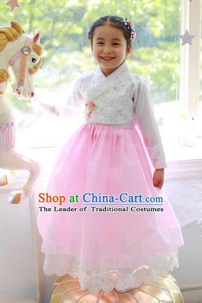 Korean National Handmade Formal Occasions Embroidered White Blouse and Pink Lace Dress, Asian Korean Girls Palace Hanbok Costume for Kids
