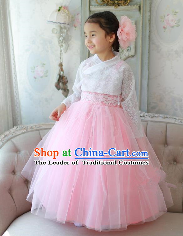 Korean National Handmade Formal Occasions White Lace Blouse and Pink Veil Dress, Asian Korean Girls Palace Hanbok Costume for Kids