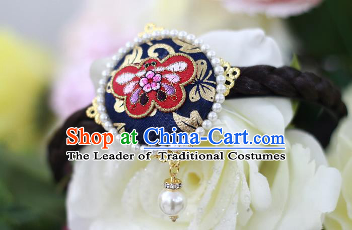 Traditional Korean Hair Accessories Embroidered Butterfly Deep Blue Hair Clasp, Asian Korean Wedding Hanbok Hair Decorations Headwear for Kids