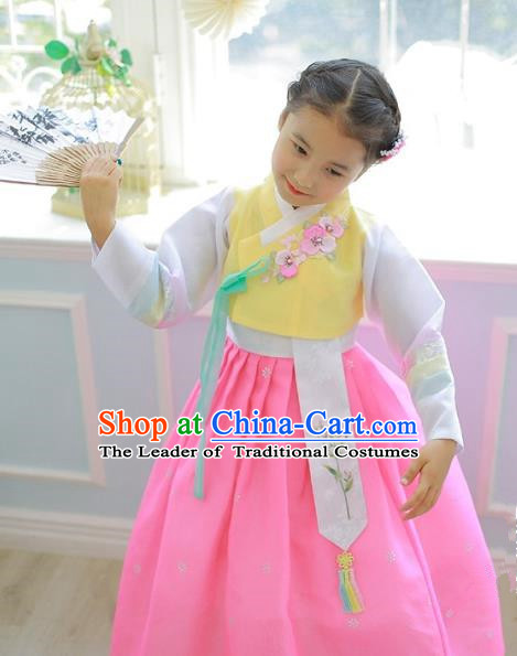 Asian Korean National Handmade Formal Occasions Embroidered Yellow Blouse and Pink Dress Hanbok Costume for Kids