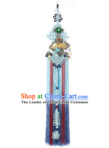 Traditional Korean Accessories Bride Chinese Knots Waist Pendant Embroidered Palace Taeniasis, Asian Korean Wedding Hanbok Blue Tassel Waist Decorations for Women