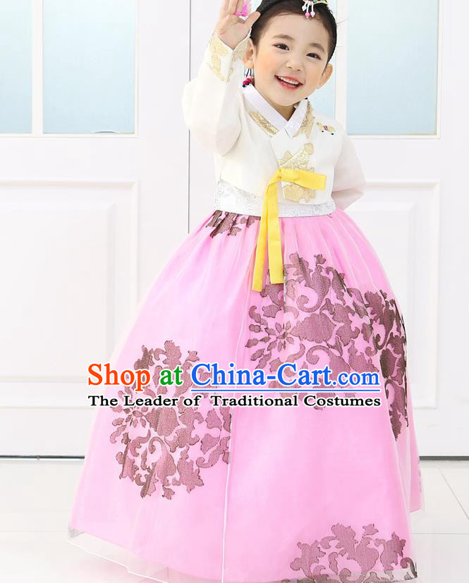 Korean National Handmade Formal Occasions Embroidered White Blouse and Pink Dress, Asian Korean Girls Palace Hanbok Costume for Kids