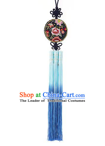 Korean National Accessories Bride Embroidered Flowers Black Waist Pendant, Asian Korean Wedding Hanbok Blue Tassel Waist Decorations for Women