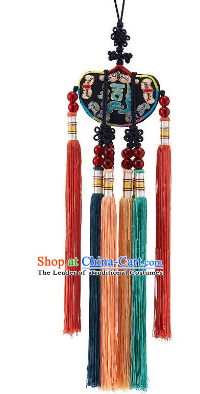 Korean National Belts Accessories Bride Wedding Embroidered Black Waist Pendant, Asian Korean Hanbok Orange Tassel Waist Decorations for Women