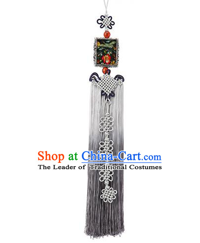 Asian Korean Hanbok Embroidered Grey Tassel Waist Decorations, Korean National Belts Accessories Wedding Bride Waist Pendant for Women