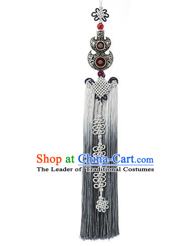 Asian Korean Hanbok Grey Chinese Knot Tassel Waist Decorations, Korean National Belts Accessories Bride Wedding Waist Pendant for Women