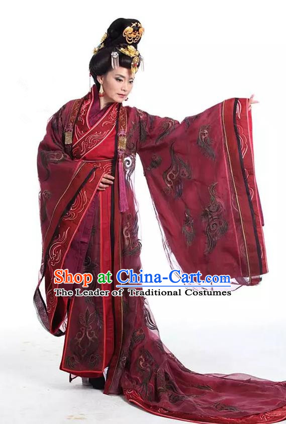 Traditional Chinese Southern and Northern Dynasties Palace Queen Dowager Embroidered Costume and Headpiece Complete Set