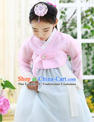 Asian Korean National Handmade Formal Occasions Embroidered Pink Blouse and Blue Dress Hanbok Costume for Kids