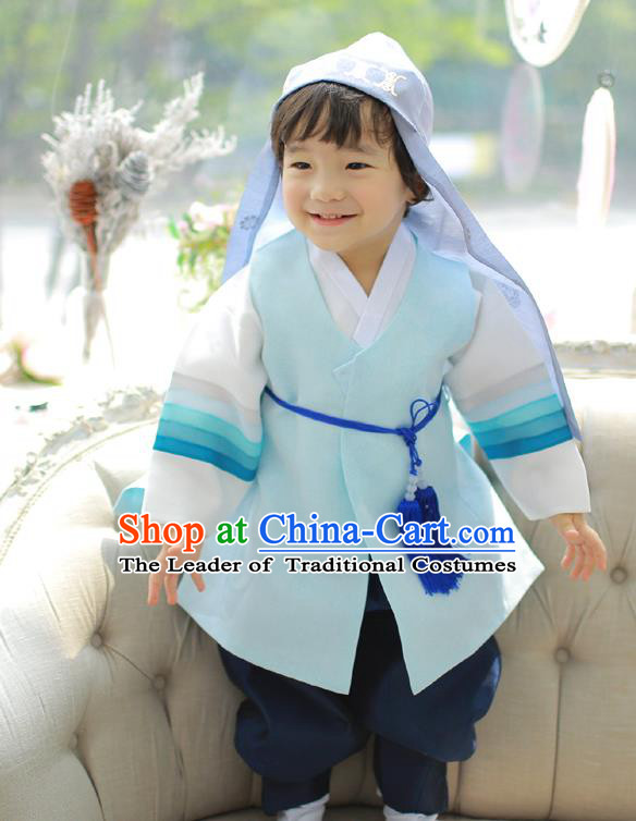 Asian Korean National Traditional Handmade Formal Occasions Boys Embroidery Light Blue Hanbok Costume Complete Set for Kids