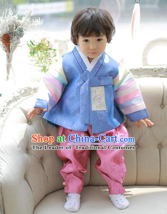 Asian Korean National Traditional Handmade Formal Occasions Boys Prince Embroidered Blue Hanbok Costume Complete Set for Kids