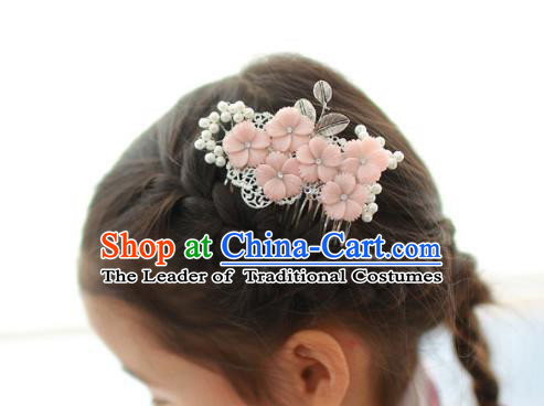 Korean National Hair Accessories Pink Flowers Hair Comb, Asian Korean Hanbok Fashion Headwear Hair Stick for Kids