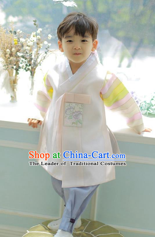 Asian Korean National Handmade Formal Occasions Embroidered Palace Prince White Hanbok Costume Complete Set for Boys