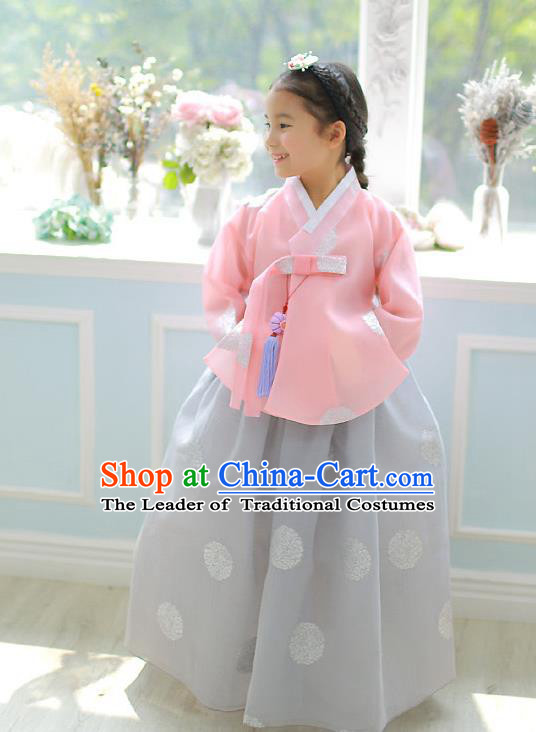Asian Korean National Handmade Formal Occasions Embroidered Pink Blouse and Grey Dress Palace Hanbok Costume for Kids