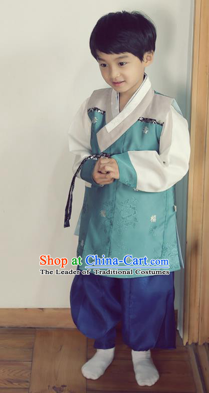 Asian Korean National Handmade Formal Occasions Embroidered Palace Prince Dark Green Hanbok Costume Complete Set for Boys