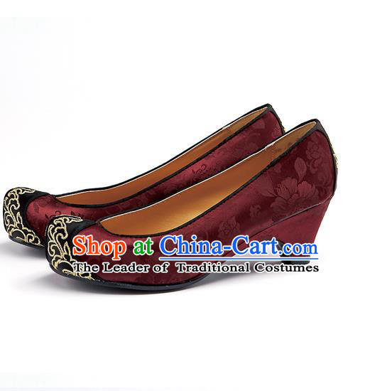 Traditional Korean National Wedding Embroidered Wine Red Shoes, Asian Korean Hanbok Bride Embroidery Shoes for Women