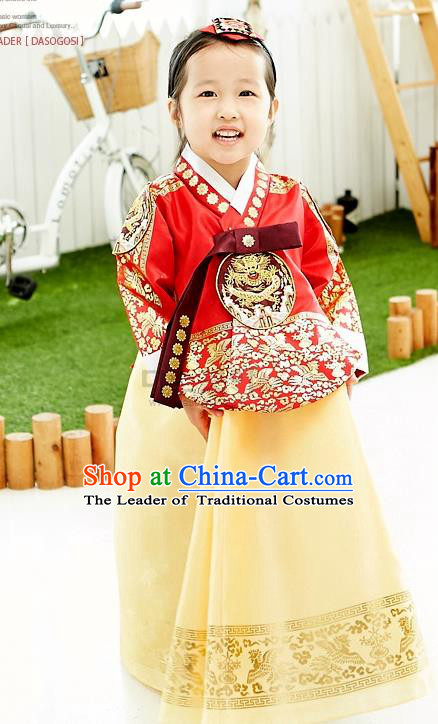 Asian Korean National Handmade Formal Occasions Wedding Embroidered Red Blouse and Yellow Dress Traditional Palace Hanbok Costume for Kids