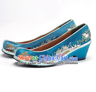 Traditional Korean National Wedding Shoes Embroidered Shoes, Asian Korean Hanbok Embroidery Blue Bride Court Shoes for Women