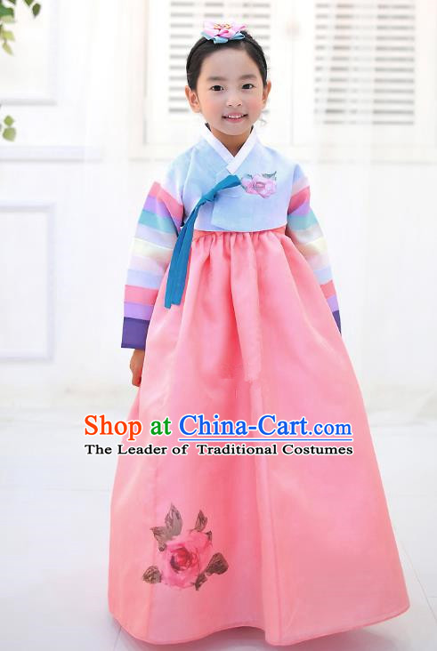 Asian Korean National Handmade Formal Occasions Wedding Embroidered Blue Blouse and Pink Dress Traditional Palace Hanbok Costume for Kids