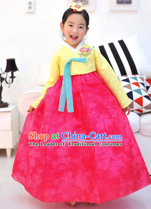 Asian Korean National Handmade Formal Occasions Wedding Embroidered Yellow Blouse and Pink Dress Traditional Palace Hanbok Costume for Kids