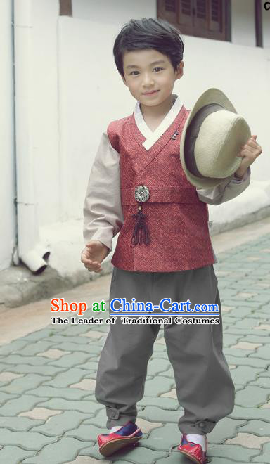 Asian Korean National Traditional Handmade Formal Occasions Boys Embroidery Red Vest Hanbok Costume Complete Set for Kids