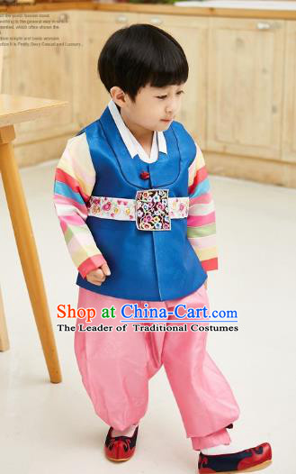 Asian Korean National Traditional Handmade Formal Occasions Boys Embroidery Blue Vest Hanbok Costume Complete Set for Kids