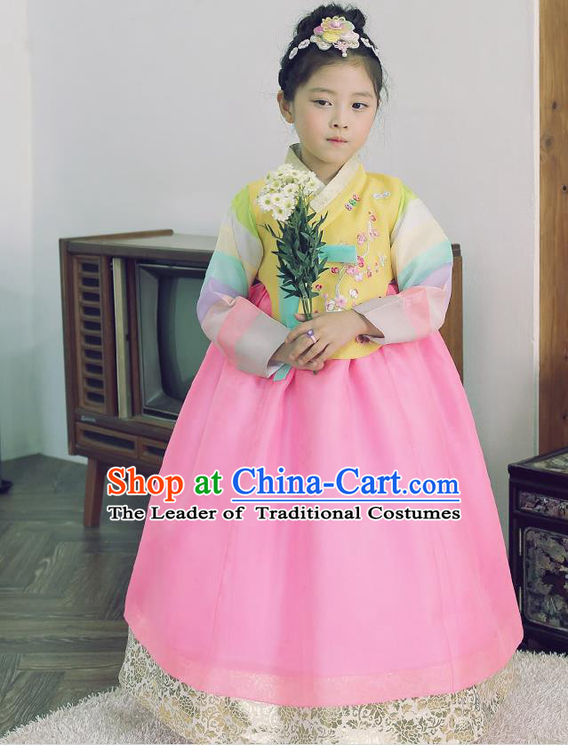 Asian Korean National Handmade Formal Occasions Wedding Embroidered Yellow Blouse and Pink Dress Traditional Palace Hanbok Costume for Kids