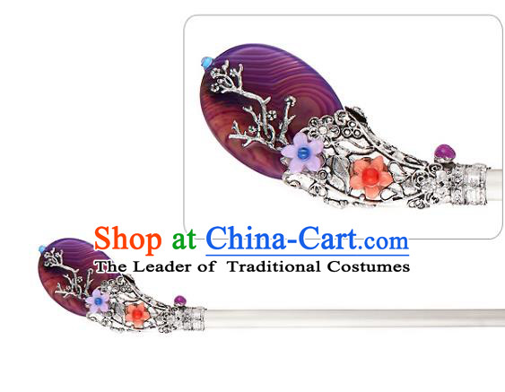 Traditional Korean National Hair Accessories Bride Wedding Purple Hairpins, Asian Korean Hanbok Fashion Headwear Hair Stick for Women