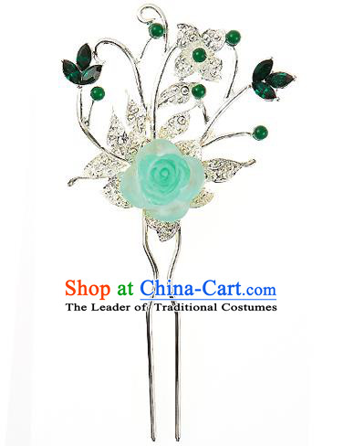 Traditional Korean National Wedding Hair Accessories Bride Palace Green Flower Hairpins, Korean Hanbok Fashion Hair Stick Headwear for Women