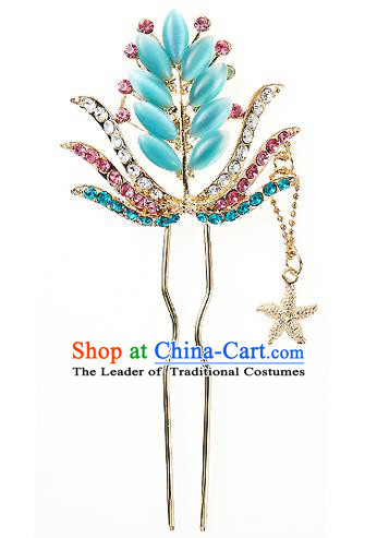 Traditional Korean National Wedding Hair Accessories Bride Palace Blue Crystal Hairpins, Korean Hanbok Fashion Hair Stick Headwear for Women