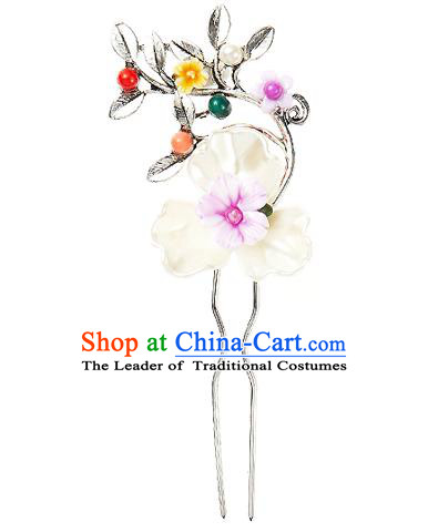 Traditional Korean National Wedding Hair Accessories Bride Palace Cyphers Shell Flowers Hairpins, Korean Hanbok Fashion Hair Stick Headwear for Women