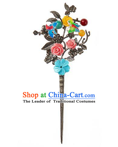 Traditional Korean National Hair Accessories Bride Wedding Flowers Hairpins, Asian Korean Hanbok Fashion Headwear Hair Stick for Women